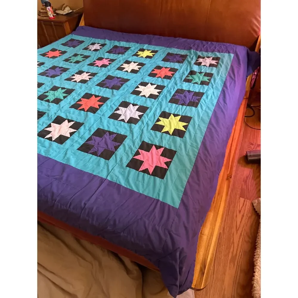 Vintage Handmade Patchwork Quilt King Size Hand Sewn Colorful Star Geometric